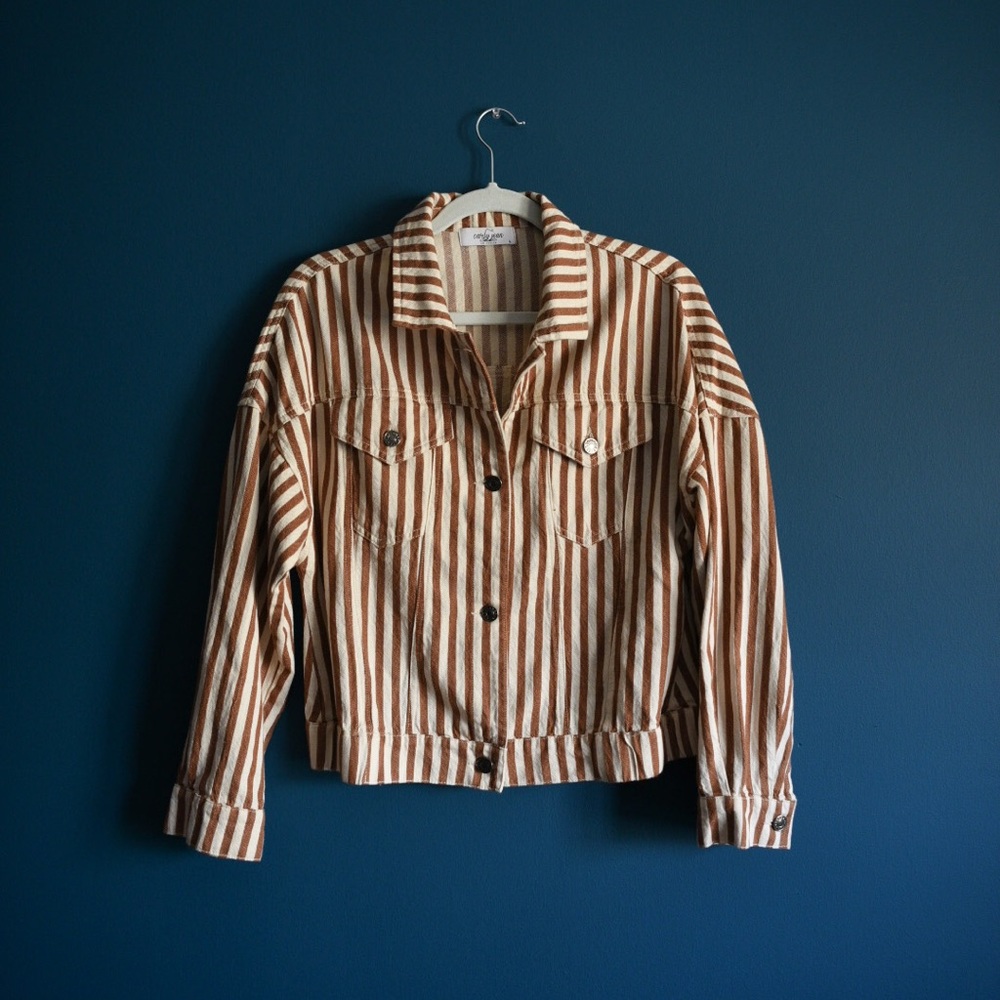 CJLA Carly Jean Los Angeles striped burnt orange and cream denim jean jacket